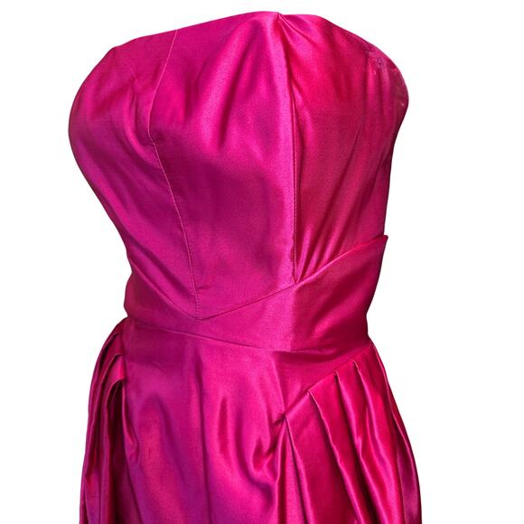VTG 80s Strapless Ribbed Taffeta Silk Magenta Pink Barbie Fit Flare Dress SZ 12 - Picture 5 of 16